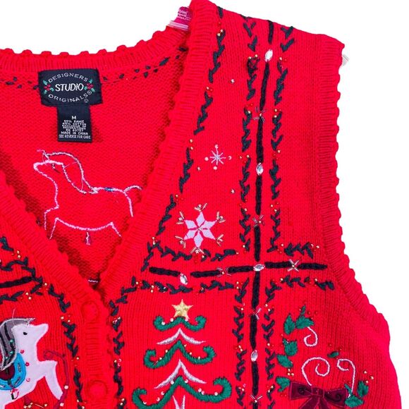 Designers Studio Original Christmas Red Embroidered Beaded Sweater Cardigan Size - Picture 4 of 10